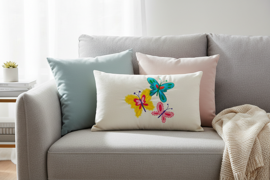 Cuscino in cotone biologico GOTS 26x45 cm motivo butterfly ricamato | KaleidoShop