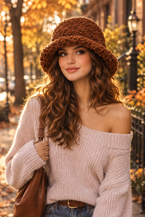 Cappello Invernale Effetto Bouclé Marrone in Poliestere | KaleidoShop