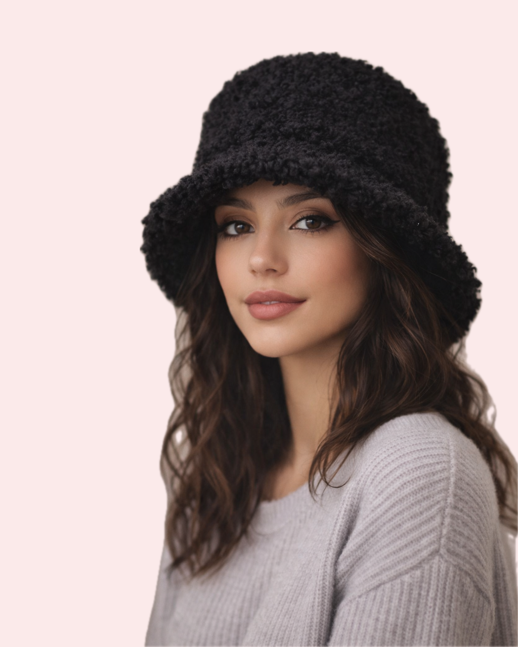 Cappello Invernale Effetto Bouclé Nero in Poliestere | KaleidoShop