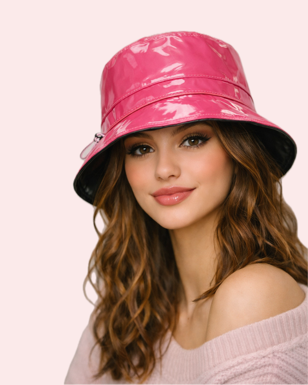 Cappello Antipioggia in Vernice Lucida Rosa con Elastico Made in Italy | KaleidoShop