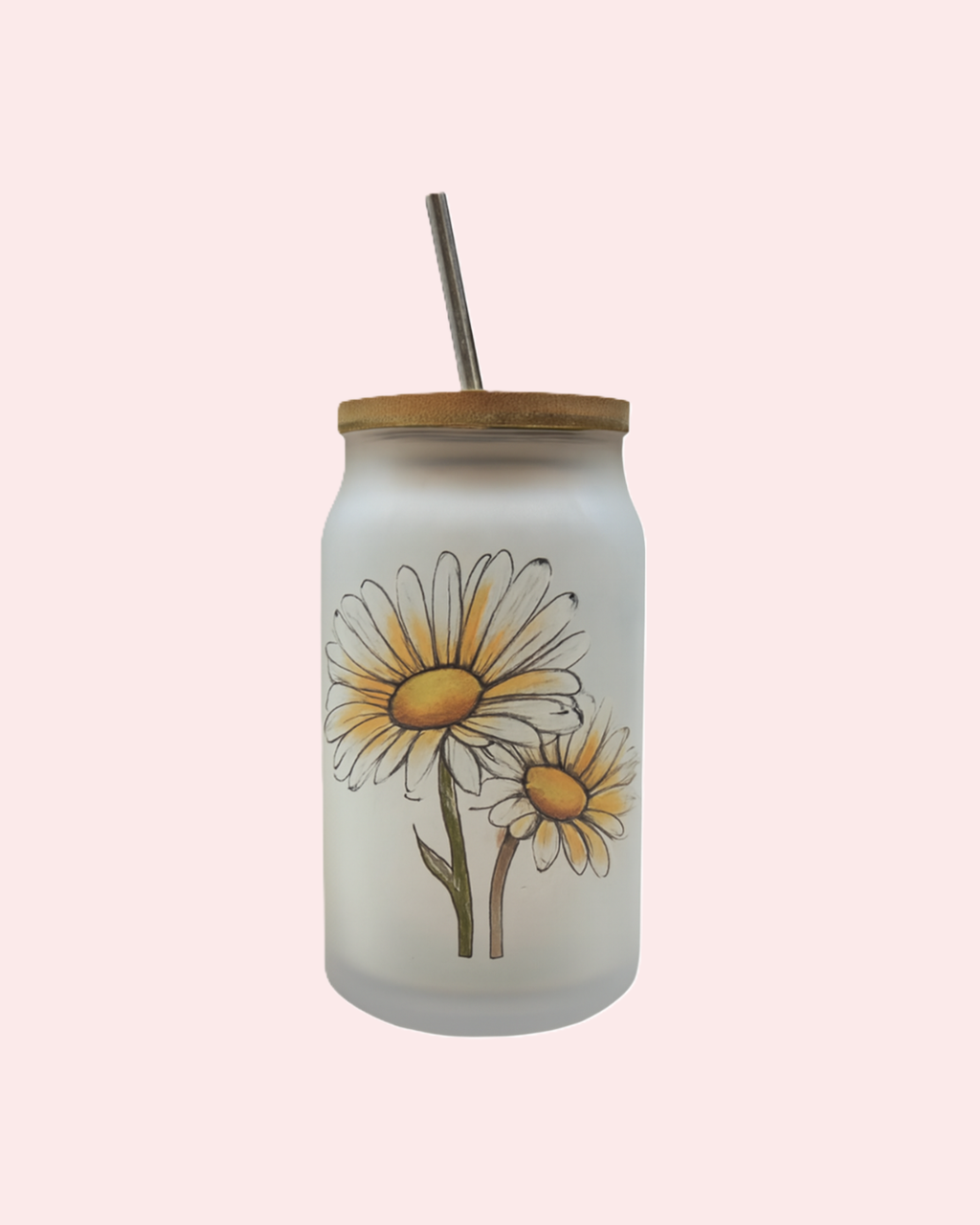 Cocktail glass 400ml con cannuccia in acciaio inox, coperchio in bamboo e motivo daisy | KaleidoShop