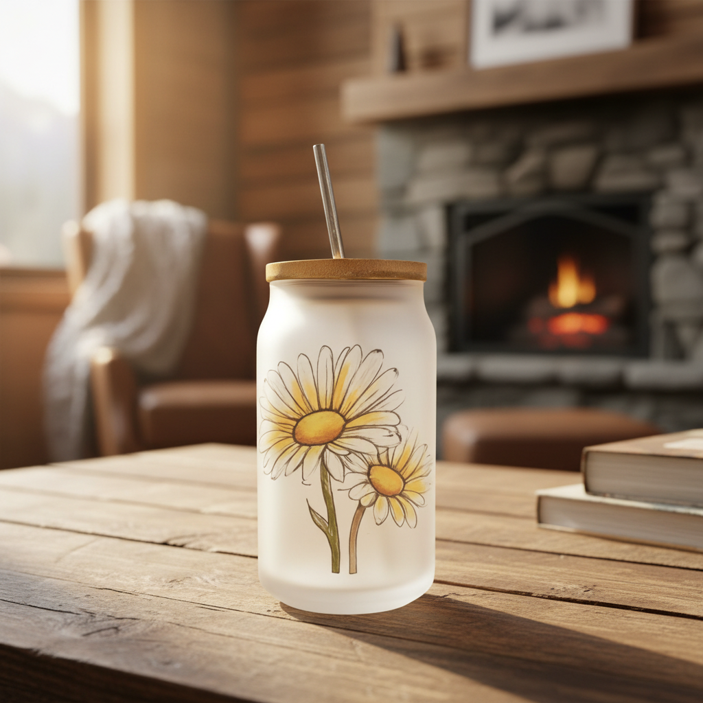 Cocktail glass 400ml con cannuccia in acciaio inox, coperchio in bamboo e motivo daisy | KaleidoShop