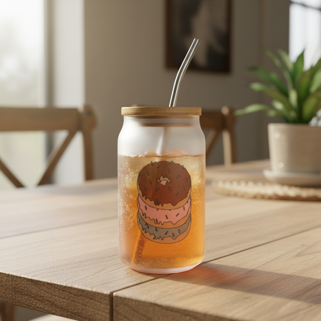 Cocktail glass 400ml con cannuccia in acciaio inox, coperchio in bamboo e motivo donuts | KaleidoShop