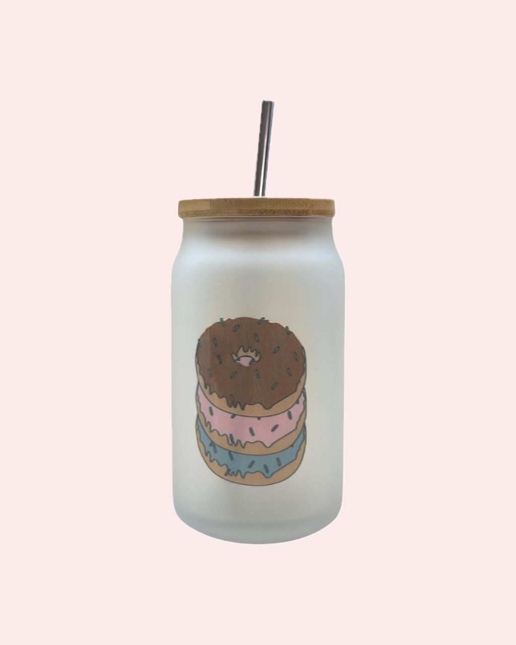 Cocktail glass 400ml con cannuccia in acciaio inox, coperchio in bamboo e motivo donuts | KaleidoShop