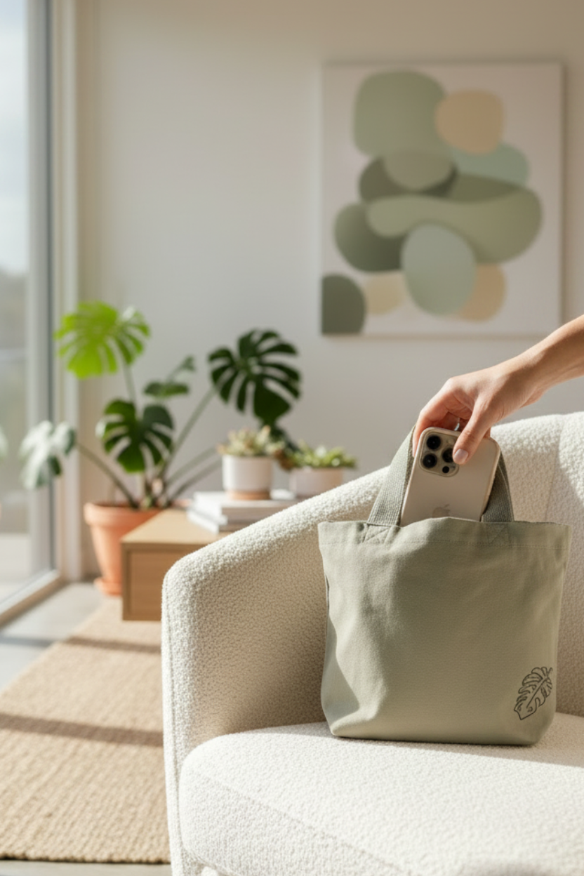 MiniBag Grey Leaf in cotone biologico GOTS ricamata | KaleidoShop