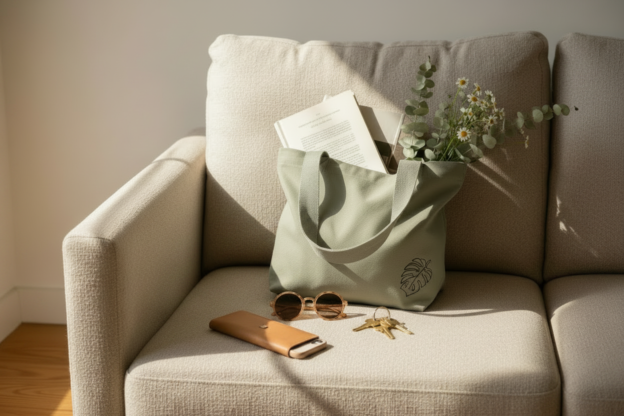 MiniBag Grey Leaf in cotone biologico GOTS ricamata | KaleidoShop