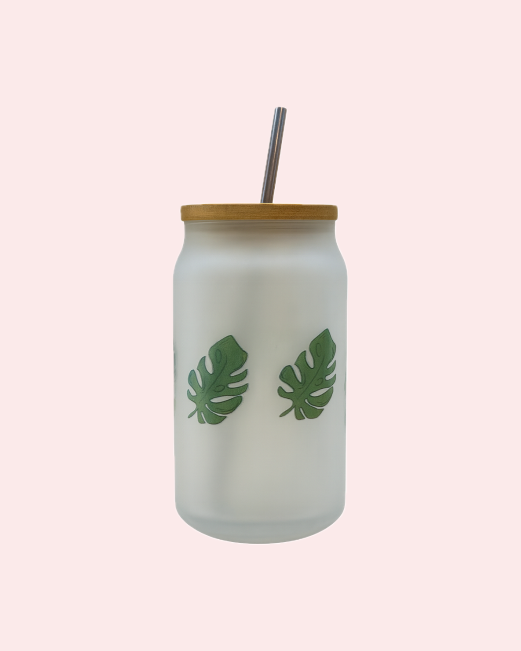 Cocktail glass 400ml con cannuccia in acciaio inox, coperchio in bamboo e motivo leaf | KaleidoShop