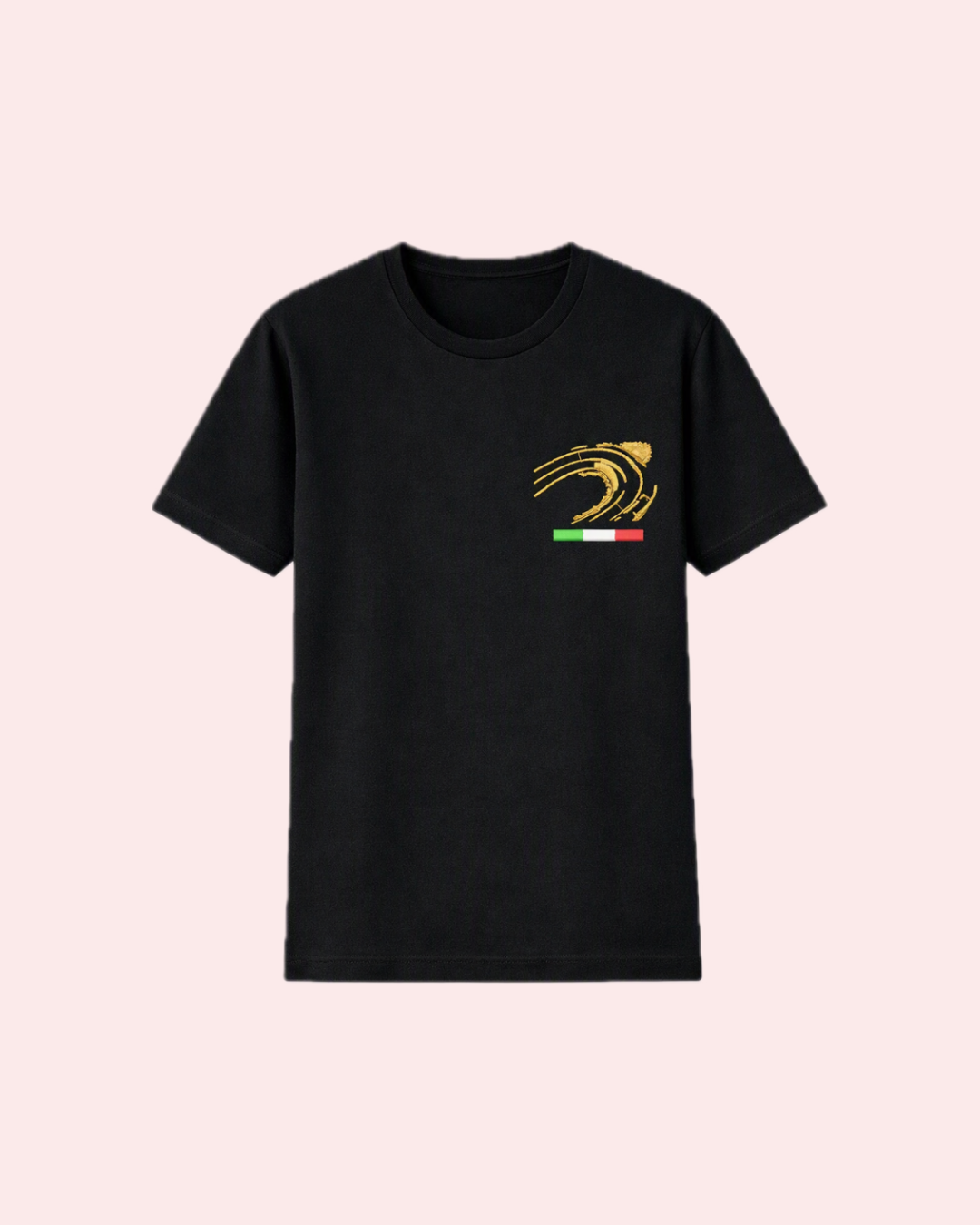 CURVE Tee uomo – fronte con ricamo curva dorata, bandiera italiana | KaleidoShop