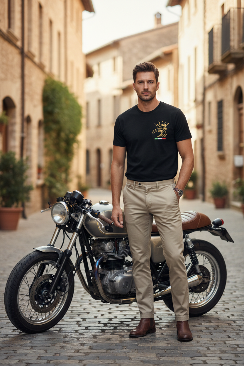 CURVE Tee uomo – fronte con ricamo corona e curva dorata, bandiera italiana | KaleidoShop