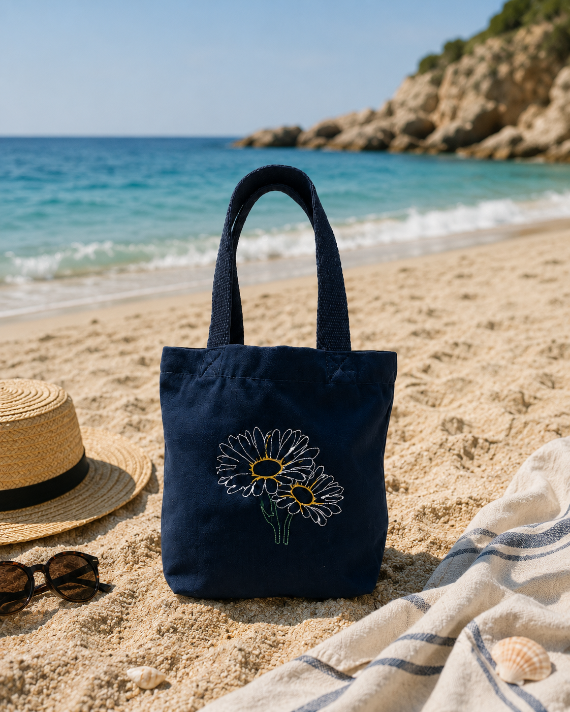 MiniBag Blu Daisy in cotone biologico GOTS ricamata | KaleidoShop