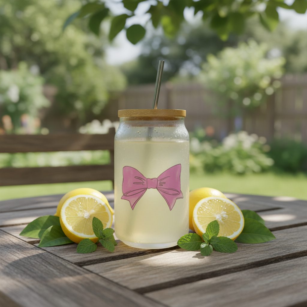Cocktail glass 400ml con cannuccia in acciaio inox, coperchio in bamboo e motivo ribbon | KaleidoShop
