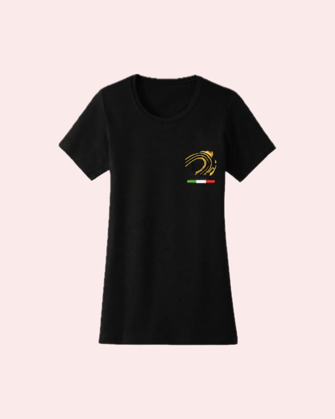 CURVE Tee donna – fronte con ricamo curva dorata, bandiera italiana | KaleidoShop