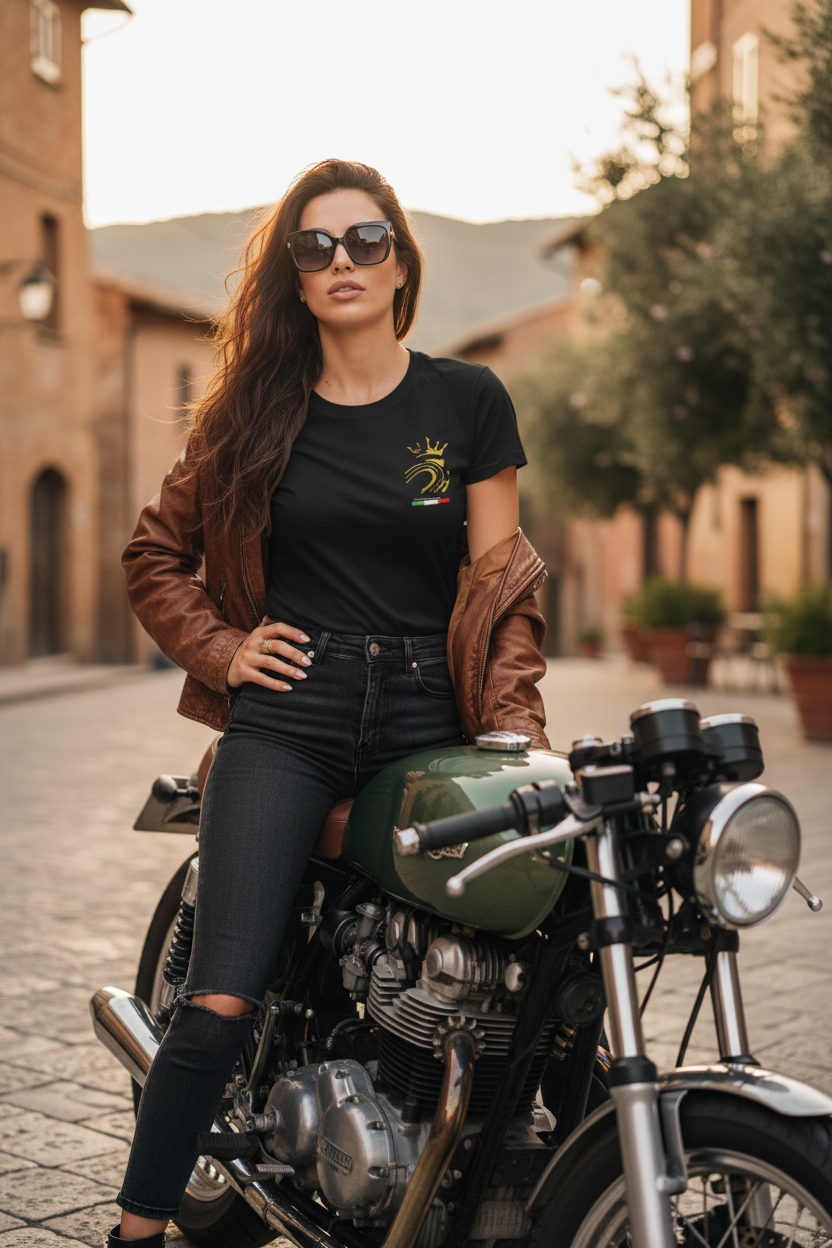 CURVE Tee donna – fronte con ricamo corona e curva dorata, bandiera italiana | KaleidoShop