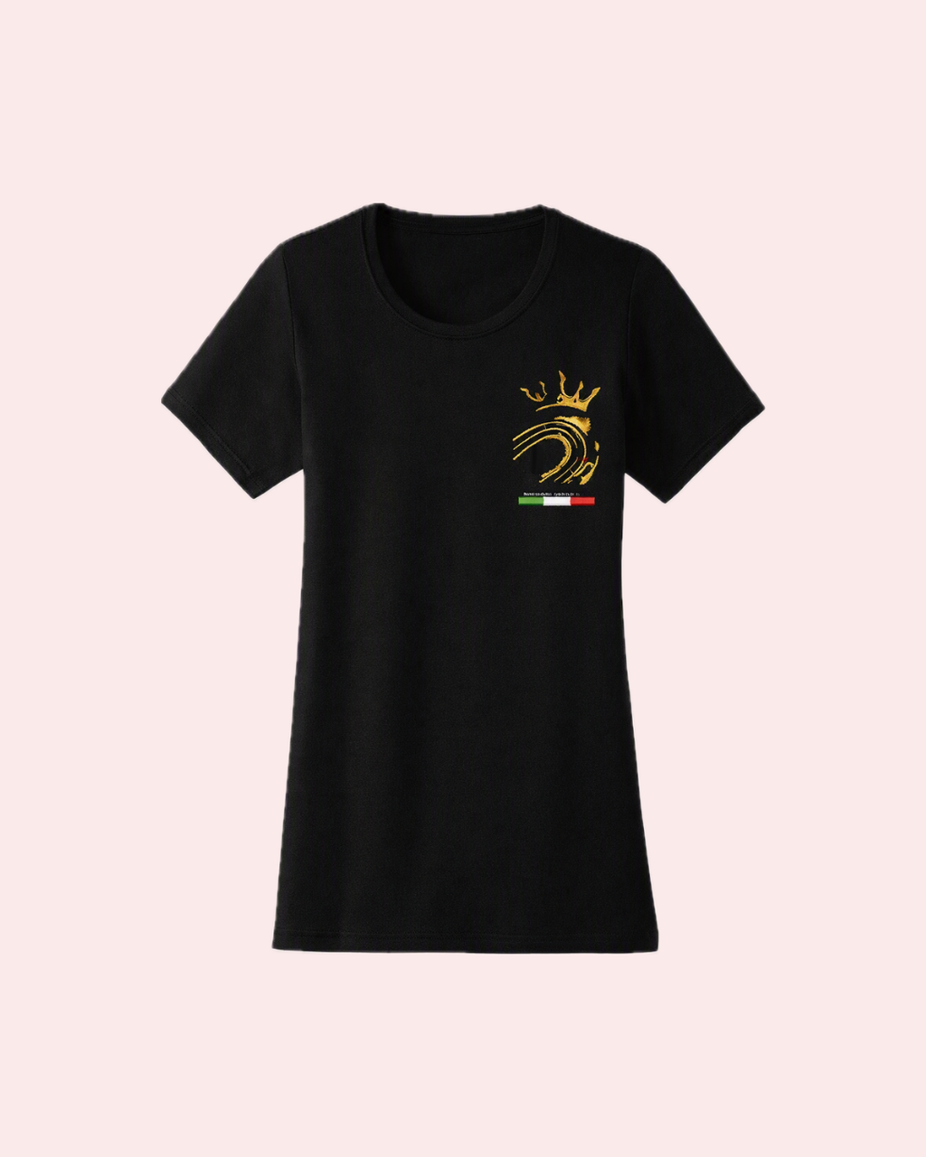 CURVE Tee donna – fronte con ricamo corona e curva dorata, bandiera italiana | KaleidoShop