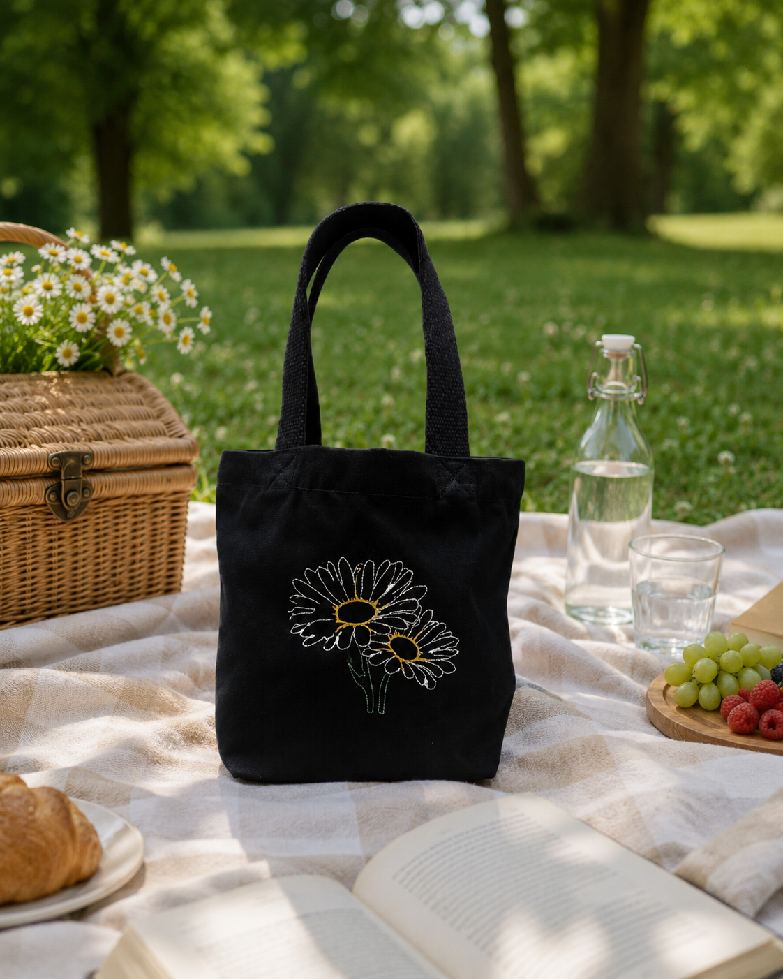 MiniBag Blu Daisy in cotone biologico GOTS ricamata | KaleidoShop